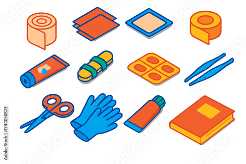 Outdoor First Aid Essentials. Isometric vector illustration set Outdoor First Aid: bandage roll, antiseptic wipes, gauze pad,