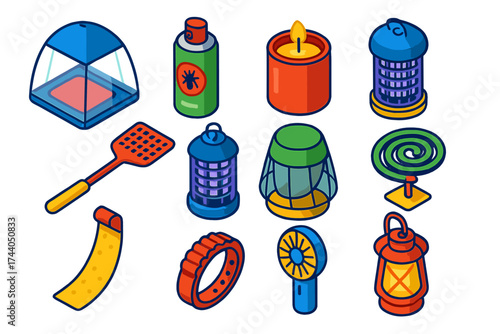 Insect Protection Gear Icons. Isometric vector illustration set Insect Protection Gear: mosquito net, bug repellent spray,