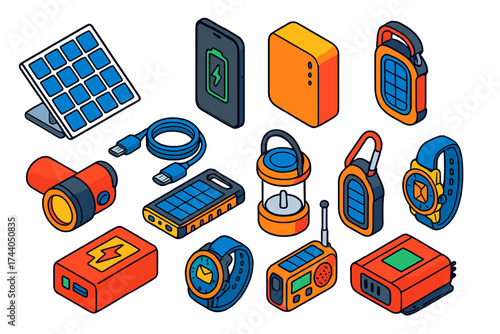 Emergency Solar Power Essentials. Isometric vector illustration set Emergency Solar Power: solar panel, phone, power bank, LED