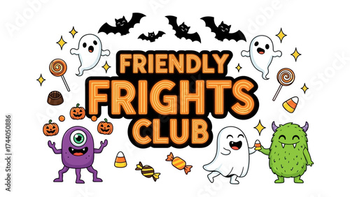 Friendly Frights Club: A whimsical scene filled with adorable monster and ghost characters set amidst playful elements. a lighthearted scene for halloween time.