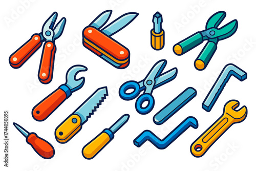 Colorful Utility Tool Set. Isometric vector illustration set Outdoor Utility Tools: folding pliers, multi-blade knife, screwdriver