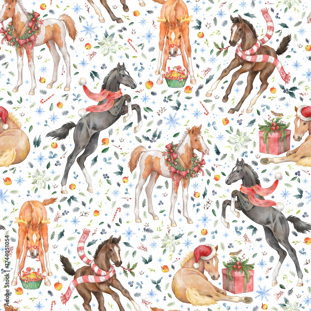 Naklejka premium Christmas equestrian seamless pattern with cute foals and holiday decorations. Hand drawn watercolor set with horses, holly berries, treats, apples, poinsettia and lettering on white background