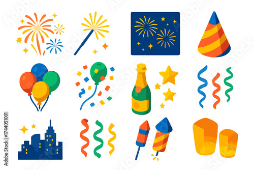 Festive Fireworks Celebration. Isometric vector illustration set Fireworks Celebration: fireworks, sparkler, night sky, party hat,