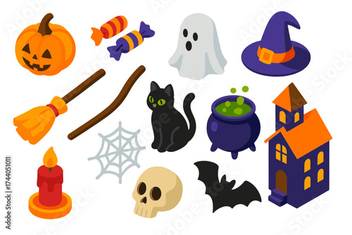 Halloween Icon Collection. Isometric vector illustration set Trick-or-Treat Collection: pumpkin lantern, candy pieces, ghost,
