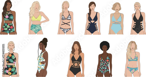 Illustration of diverse women wearing various swimwear designs in a row against white background