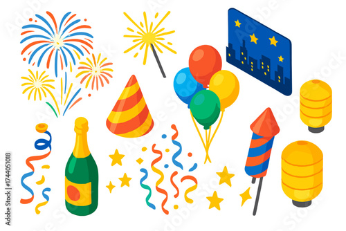 Festive Fireworks Celebration. Isometric vector illustration set Fireworks Celebration: fireworks, sparkler, night sky, party hat,