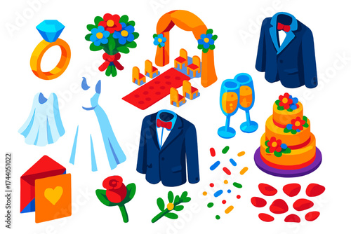 Wedding Essentials Icons. Isometric vector illustration set Wedding Essentials Set: wedding ring, floral bouquet, aisle, bride