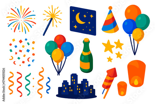 Party Night Essentials. Isometric vector illustration set Party Night Essentials: fireworks, sparkler, night sky, party hat,
