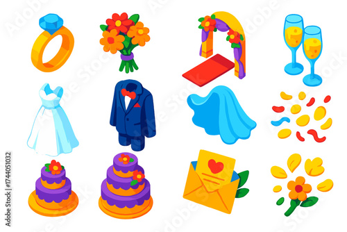 Wedding Essentials Icons. Isometric vector illustration set Wedding Essentials Set: wedding ring, floral bouquet, aisle, bride
