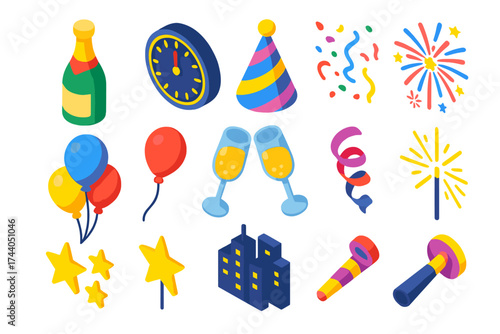 Festive New Year Icons. Isometric vector illustration set Festive New Year Icons: champagne bottle, countdown timer, party hat,