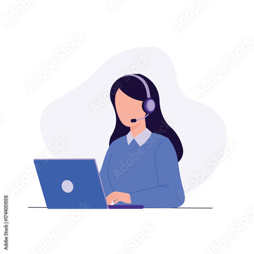 Female Customer Service Agent Working Online with Headset and Laptop Vector Illustration.