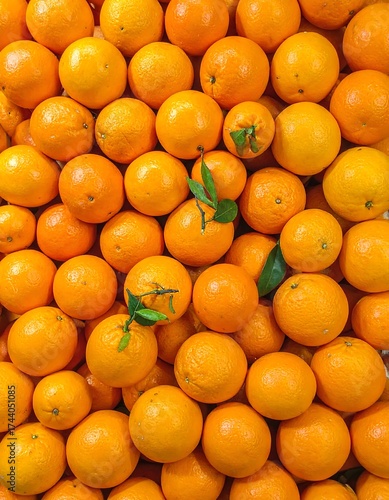 Pile of fresh oranges with green leaves