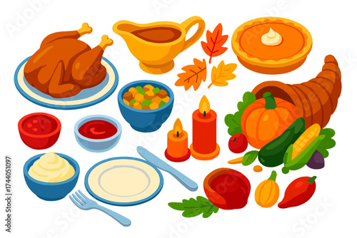 Thanksgiving Feast Essentials. Isometric vector illustration set Thanksgiving Essentials Kit: roasted turkey, gravy boat, stuffing