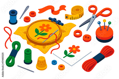 Colorful Embroidery Tools Set. Isometric vector illustration set DIY Embroidery Set: embroidery hoop, colorful thread, needle,