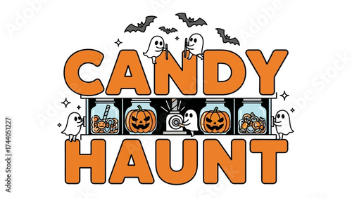 Candy Haunt Illustration: A whimsical Halloween illustration features a playful design of candy jars and spooky characters, inviting viewers to a world of sweet and ghostly delights.