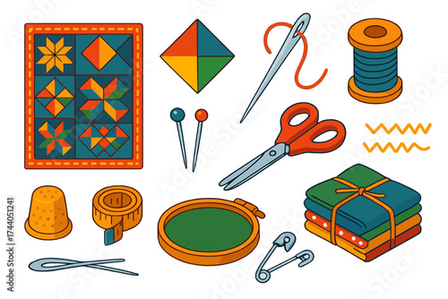 Colorful Quilting Tools. Isometric vector illustration set Quilting Craft: quilt, fabric patch, sewing needle, thread spool,
