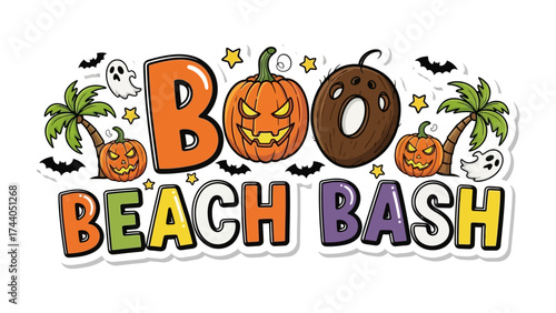 Halloween Beach Bash: A colorful Halloween-themed illustration, combining spooky elements like pumpkins and ghosts with a beach party theme, creates a fun and festive scene.
