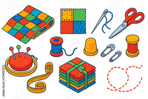 Colorful Quilting Tools. Isometric vector illustration set DIY Quilting Set: quilt, fabric patch, sewing needle, thread spool,