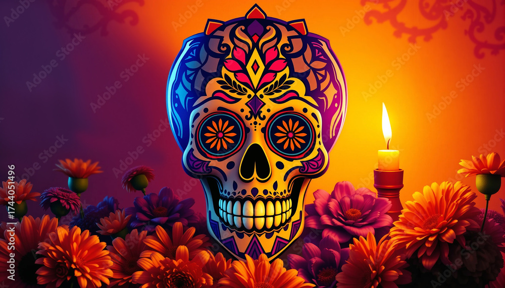 Obraz premium Colorful Sugar Skull Decoration Surrounded by Vibrant Marigolds and Candlelight, Capturing the Essence of Día De Los Muertos Celebration