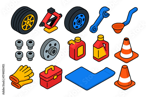 Car Service Icons. Isometric vector illustration set Car Service Icons: tire, jack, spare, wrench, lug nuts, wheel hub, oil can,