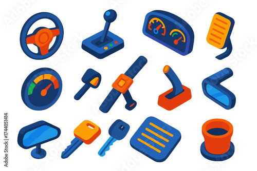 Isometric Vehicle Icons. Isometric vector illustration set Vehicle Operation Icons: steering wheel, gearshift, pedal, dashboard,