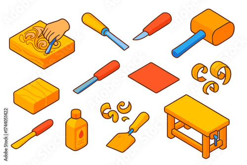 Woodcarving Tool Kit. Isometric vector illustration set Woodcarving Tools: woodcarving, chisel, detail, artisan, carving knife,