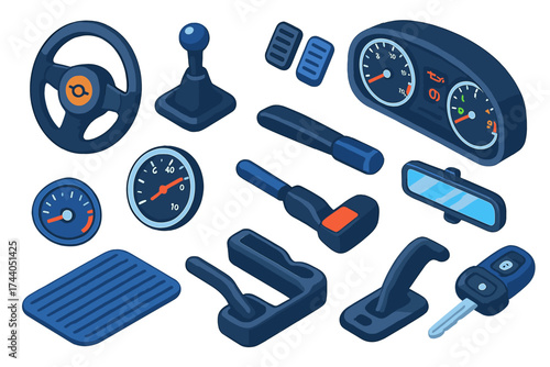 Car Interior Icons. Isometric vector illustration set Car Interior Set: steering wheel, gearshift, pedal, dashboard, speedometer,