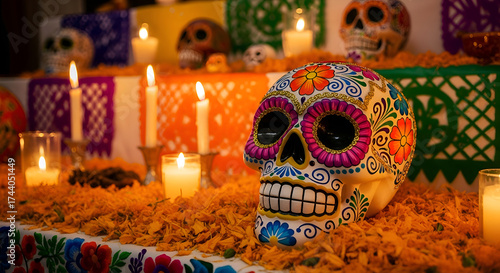 Colorful Sugar Skull on an Altar Surrounded by Candles and Marigold Petals During a Cultural Celebration in Late Autumn