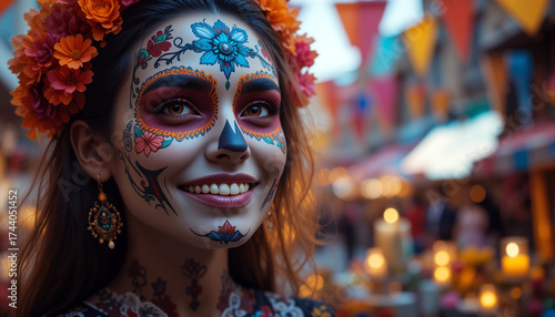 Colorful Celebration at a Cultural Festival With a Woman Showing Traditional Sugar Skull Makeup in a Festive Atmosphere