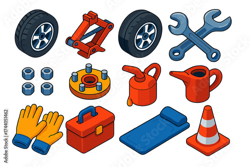 Car Service Icons. Isometric vector illustration set Car Service Icons: tire, jack, spare, wrench, lug nuts, wheel hub, oil can,