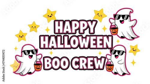 Happy Halloween Boo Crew Illustration: Whimsical illustration featuring cheerful ghost figures, complemented by smiling stars, forming a playful 'Happy Halloween Boo Crew' design.