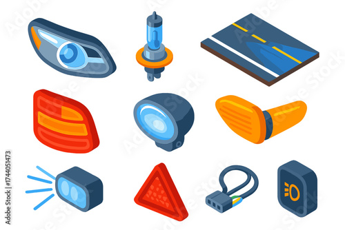 Car Light Components. Isometric vector illustration set Car Light Components: headlight, bulb, beam, road, tail light, fog lamp,