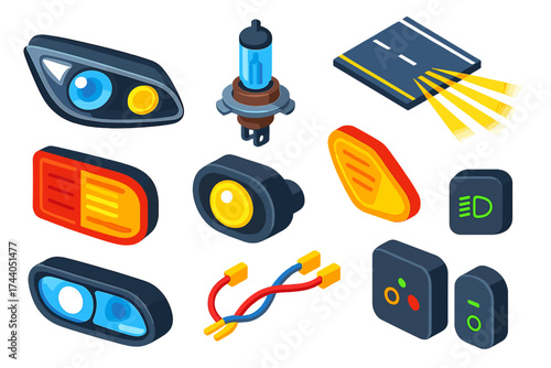 Car Light Components. Isometric vector illustration set Car Light Components: headlight, bulb, beam, road, tail light, fog lamp,
