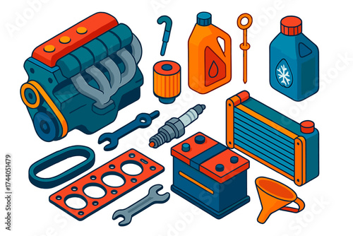 Engine Components Icons. Isometric vector illustration set Automotive Engine Components: engine, oil, dipstick, filter, coolant,