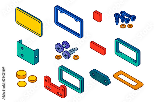 Automobile Plate Accessories. Isometric vector illustration set Automobile plate accessories: Number plate, Frame border,
