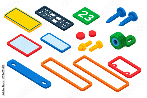 Car Plate Components. Isometric vector illustration set Car plate mounting: License plate, Frame holder, Registration decal,