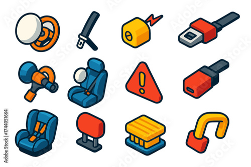 Car Safety Features. Isometric vector illustration set Car crash protection: Front airbag, Seatbelt webbing, Impact sensor, Safety