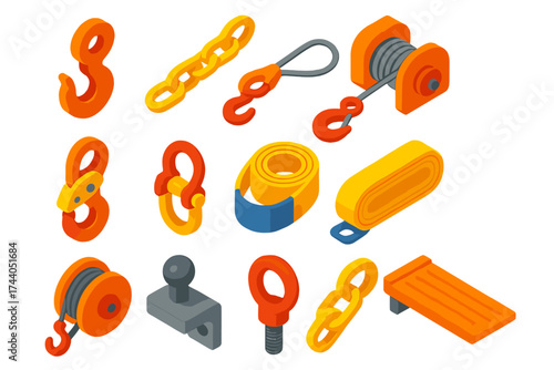 Truck Towing Accessories Icons. Isometric vector illustration set Truck towing accessories: Tow hook, Tow chain, Winch cable, Hook