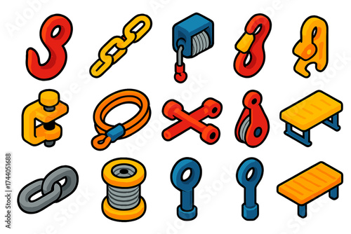 Truck Recovery Tools. Isometric vector illustration set Truck recovery set: Tow hook, Tow chain, Winch cable, Hook latch, Safety