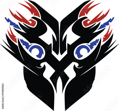 Abstract aggressive tribal symmetrical black tattoo design with dynamic red and blue flame-like accents creating an intense and powerful mystical insignia or mascot graphic.