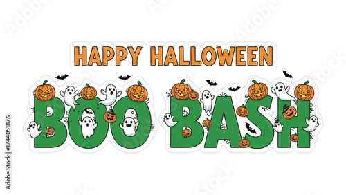 Halloween Boo Bash Banner: A festive and colorful banner proclaims Happy Halloween and Boo Bash, featuring playful jack-o'-lanterns and friendly ghosts.