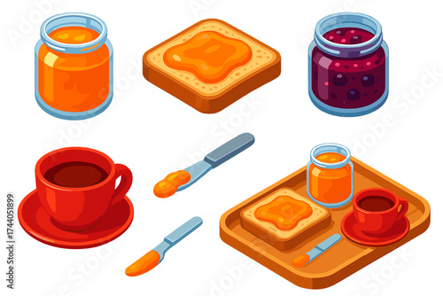 Breakfast Jam Essentials. Isometric vector illustration set Breakfast Jam Set: open jar of apricot jam, toast slice with jam smear