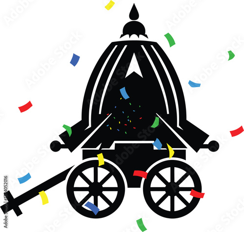 Bold black silhouette icon of a traditional indian rath yatra chariot or temple cart, accented with a vibrant cascade of multi-colored celebration confetti, symbolizing a religious festival or event.