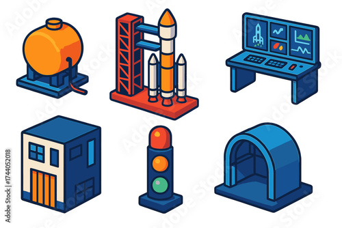Space Launch Icons. Isometric vector illustration set Space Mission Launch Equipment: rocket fueling tank, service tower arms,