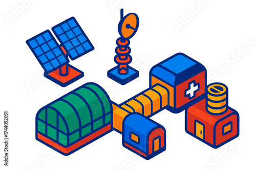 Futuristic Research Station. Isometric vector illustration set Research Station Layout: dual solar wings extended, greenhouse