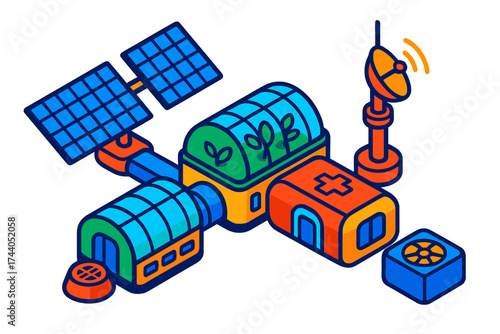 Futuristic Research Station. Isometric vector illustration set Research Station Layout: dual solar wings extended, greenhouse
