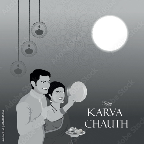 Happy Karva Chauth greeting with a couple celebrating the ritual. The wife holds a sieve and puja thali, looking at the stylized full moon. An elegant black and white (grayscale) illustration.
