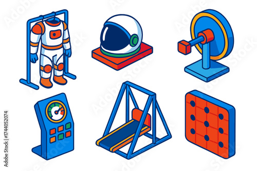 Space Training Equipment. Isometric vector illustration set Space Training Environment: astronaut suit on rack, helmet on shelf,