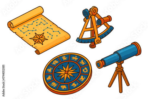 Ancient Star Charting Tools. Isometric vector illustration set Ancient Star Charting: parchment-style constellation map, sextant