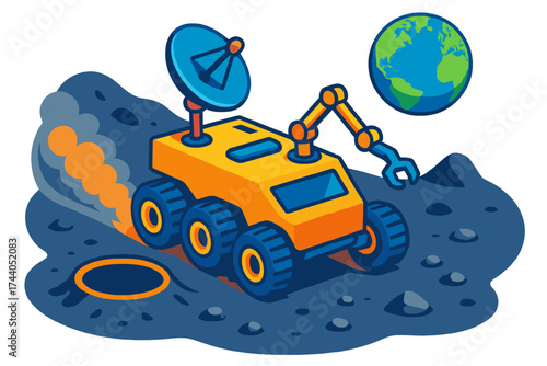 Lunar Rover Exploration. Isometric vector illustration set Lunar Rover Exploration: six-wheeled rover driving on moon surface,